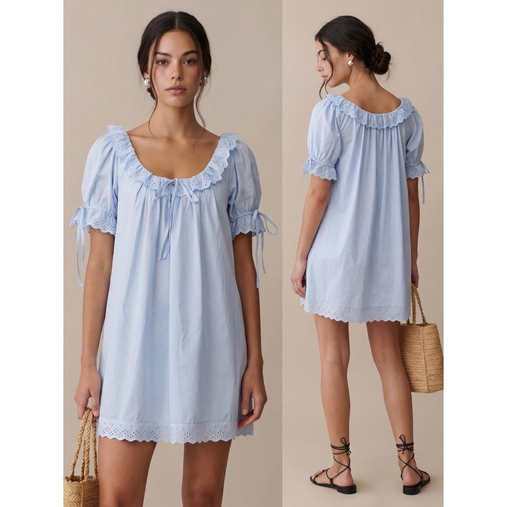 NWT Kourt Juliet Eyelet Trim Cotton Mini Dress in Light Blue - Size Small